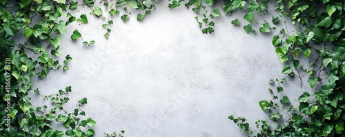 A white concrete background with delicate green ivy creeping in the corners, adding a touch of minimalist nature.