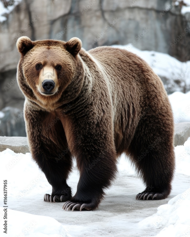 A large brown bear standing on a snowy surface, showcasing its powerful physique. A large brown bear standing on a snowy surface, showcasing its powerful physique.
