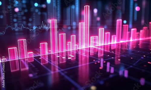 A vibrant, futuristic visualization of data represented by glowing bars and dots.