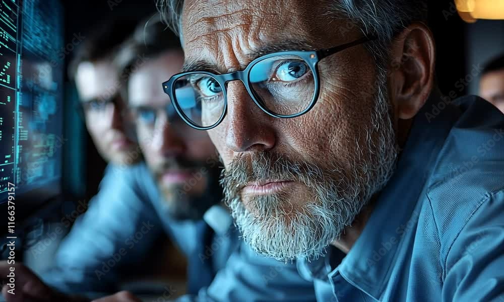 A focused individual with glasses and a beard, working intently in a tech environment. A focused individual with glasses and a beard, working intently in a tech environment.