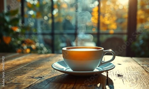 A steaming cup of coffee on a wooden table, with a warm, cozy atmosphere in the background.