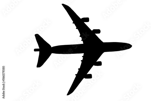Black silhouette of an airplane on a white background for use in various graphic designs.