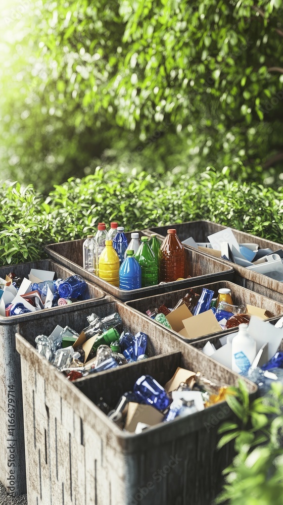 Fototapeta premium A recycling area with bins filled with various recyclable materials.