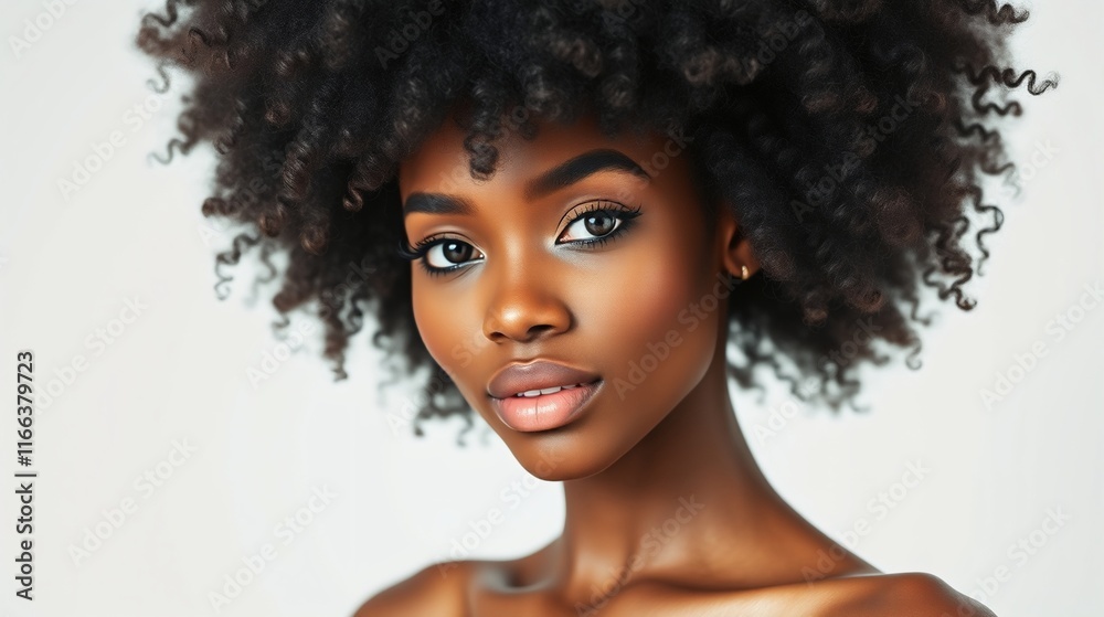 Fototapeta premium Close-Up Portrait of a Confident Young Woman with Natural Curly Hair Against a Light Background