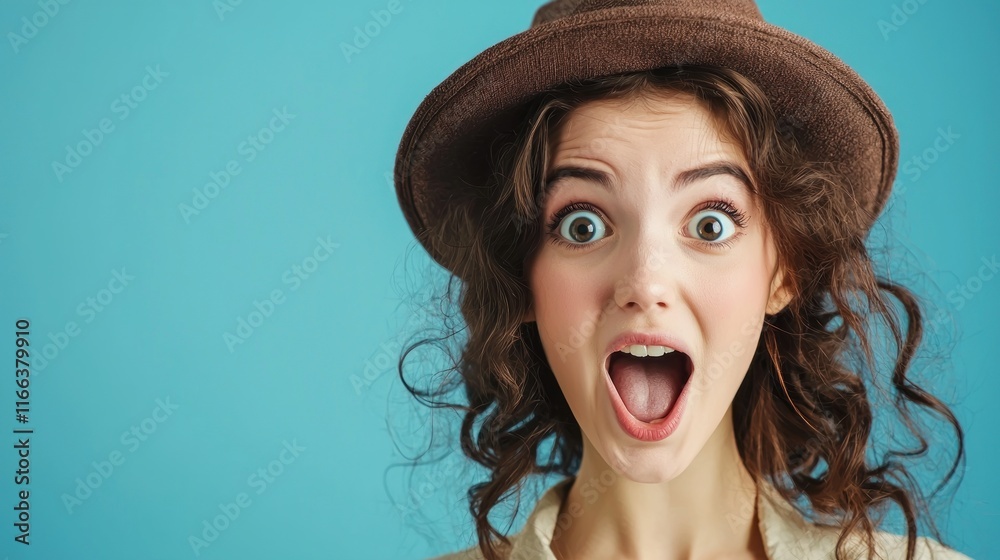 Astonished Woman with Wide Open Mouth and Brown Hat Against a Turquoise Background Astonished Woman with Wide Open Mouth and Brown Hat Against a Turquoise Background