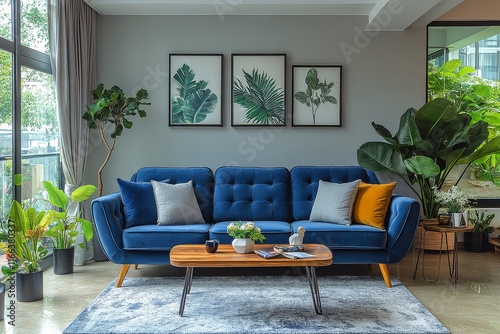 3-seater blue velvet sofa and armchair with wooden legs, retro-style design, metal leg detail on coffee table, contemporary living room decor. photo