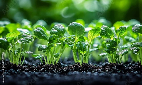 Young green plants sprouting from dark soil, symbolizing growth and renewal.