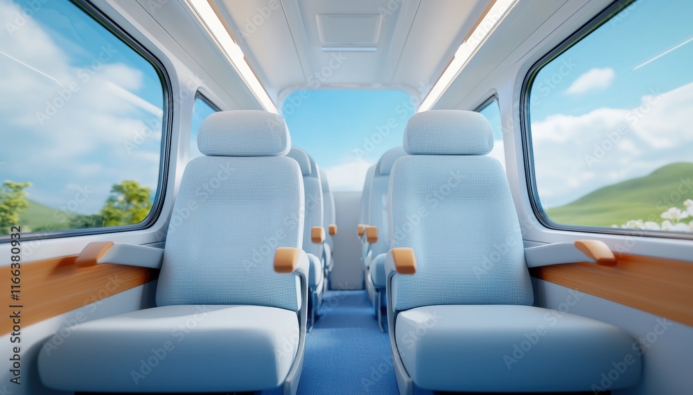 A modern train interior featuring comfortable, light blue seats with scenic views visible through large windows. A modern train interior featuring comfortable, light blue seats with scenic views visible through large windows.