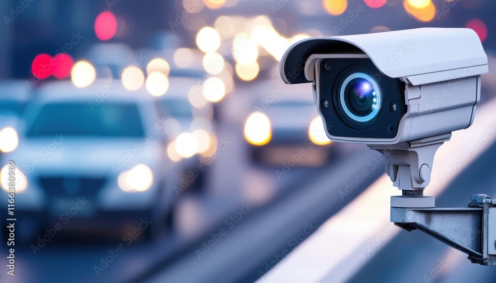 A surveillance camera monitors traffic on a busy road, capturing vehicles in motion amidst blurred lights and a dynamic urban environment. A surveillance camera monitors traffic on a busy road, capturing vehicles in motion amidst blurred lights and a dynamic urban environment.