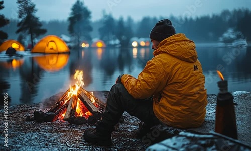 A person in a yellow jacket sits by a campfire near a snowy lake at dusk.