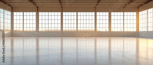 A spacious  well-lit interior with large windows and a polished floor  creating a bright and open atmosphere.