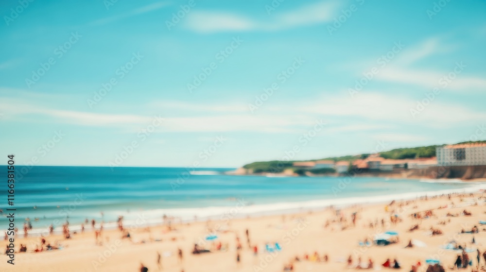 A sunny beach scene filled with people enjoying the ocean and sand on a clear day. A sunny beach scene filled with people enjoying the ocean and sand on a clear day.