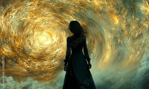 A figure stands before a swirling, golden vortex amidst turbulent waves, evoking mystery.