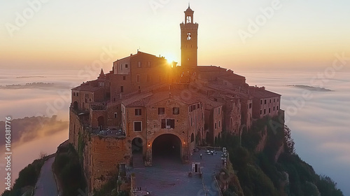 aerial view of civita di bagnoregio at sunrise above a sea of clouds showcasing medieval architecture and a picturesque tuscan landscape ideal for drone and travel photography enthusiasts photo