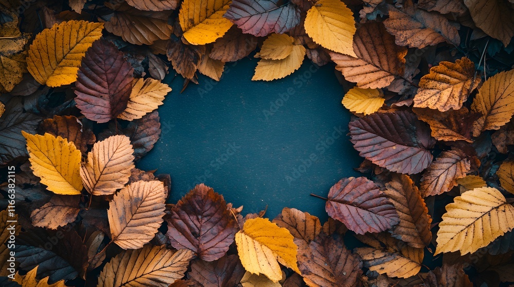 Fototapeta premium Autumn leaves create a circular frame on dark background