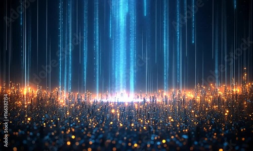 A digital landscape of glowing particles and light beams creating a futuristic atmosphere.