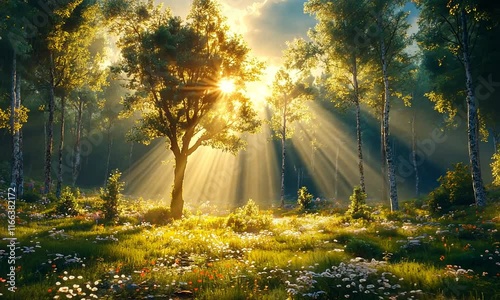 A serene forest scene with sunlight streaming through trees, illuminating a flower-filled meadow.