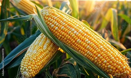 Two ripe corn ears with golden kernels in a field, showcasing agricultural produce.