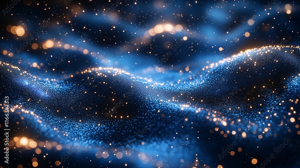 Naklejka premium Textured blue surface with flowing wave patterns and scattered golden specks for luxurious abstract designs.