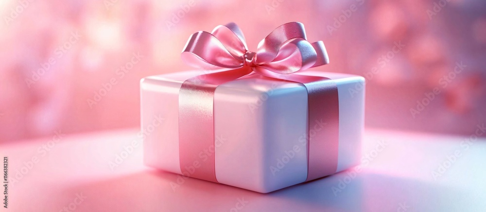 Elegantly styled white gift box with a glossy pink ribbon, perfect for celebrations, weddings, and holidays like Valentine's Day, featuring ample space for personalized text.
