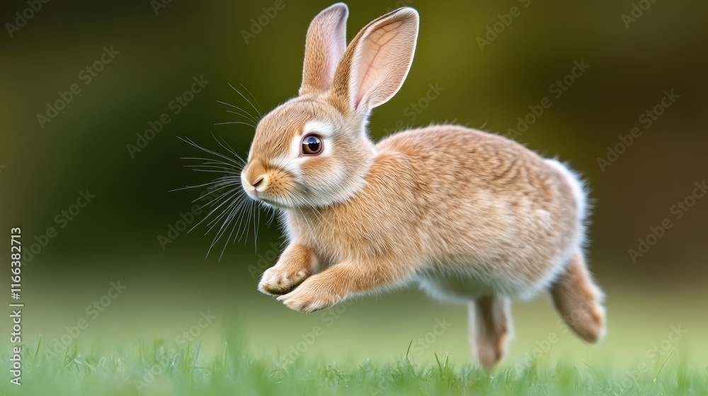 Fototapeta premium A cute rabbit hopping across a grassy field.