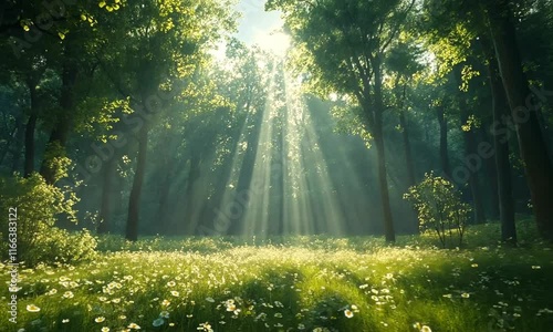 A serene forest scene with sunlight filtering through trees, illuminating a meadow of flowers.