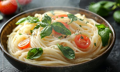 A bowl of spaghetti with cherry tomatoes and basil, showcasing a delicious pasta dish.