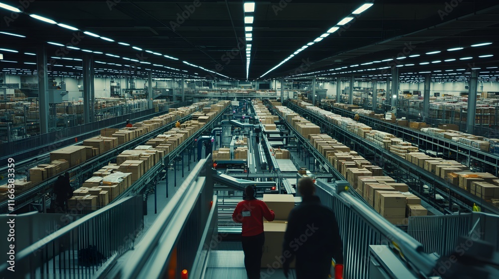 Fototapeta premium A vast, modern warehouse interior with automated conveyor belts carrying numerous cardboard boxes.