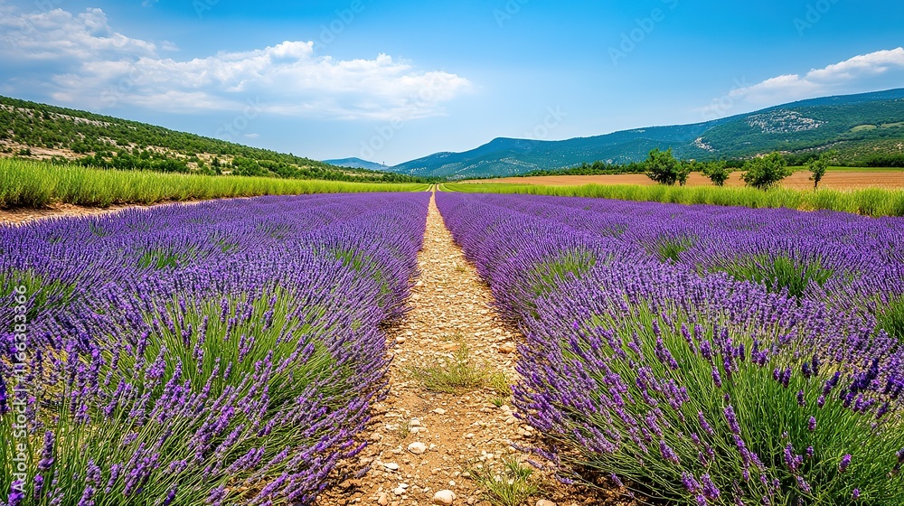 Lavender field rows, path, mountains, blue sky. Lavender field rows, path, mountains, blue sky.