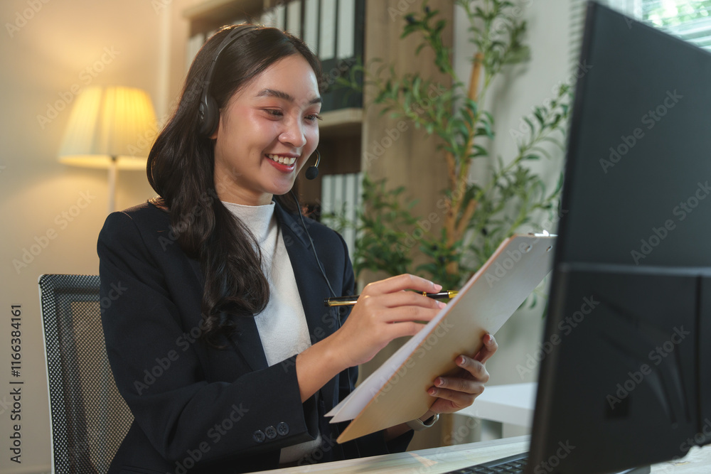 Young, smiling asian woman wearing a headset and suit, working on a computer while taking notes on a clipboard in a stylish home office setting Young, smiling asian woman wearing a headset and suit, working on a computer while taking notes on a clipboard in a stylish home office setting