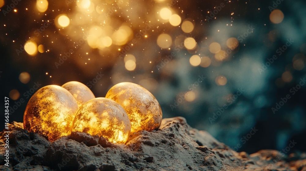 Glowing eggs resting on a rocky surface, surrounded by shimmering particles. Glowing eggs resting on a rocky surface, surrounded by shimmering particles.