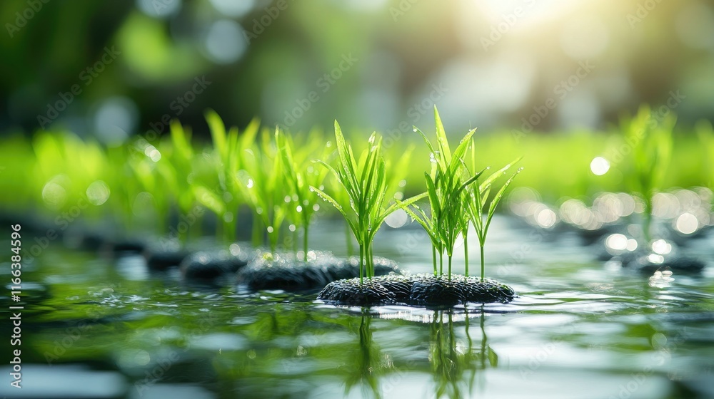 Close-up of rice growing in a hydroponic system, with water-filled channels and floating rice plants, against a backdrop of bright, clean modern agricultural infrastructure. Close-up of rice growing in a hydroponic system, with water-filled channels and floating rice plants, against a backdrop of bright, clean modern agricultural infrastructure.