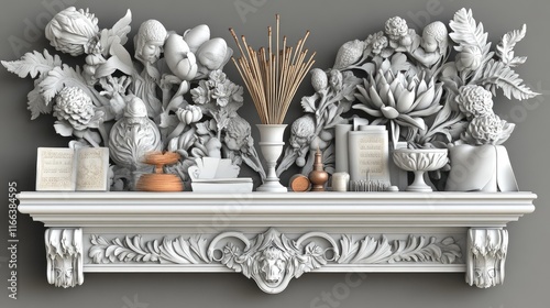 A decorative shelf featuring floral reliefs and various ornamental objects. photo