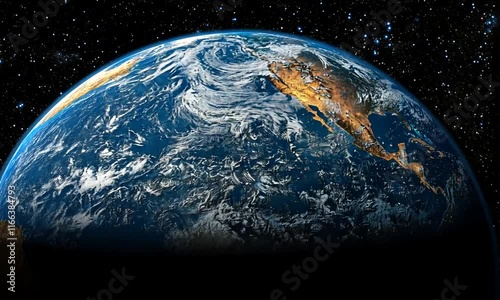 A view of Earth from space, showcasing North America illuminated by sunlight.