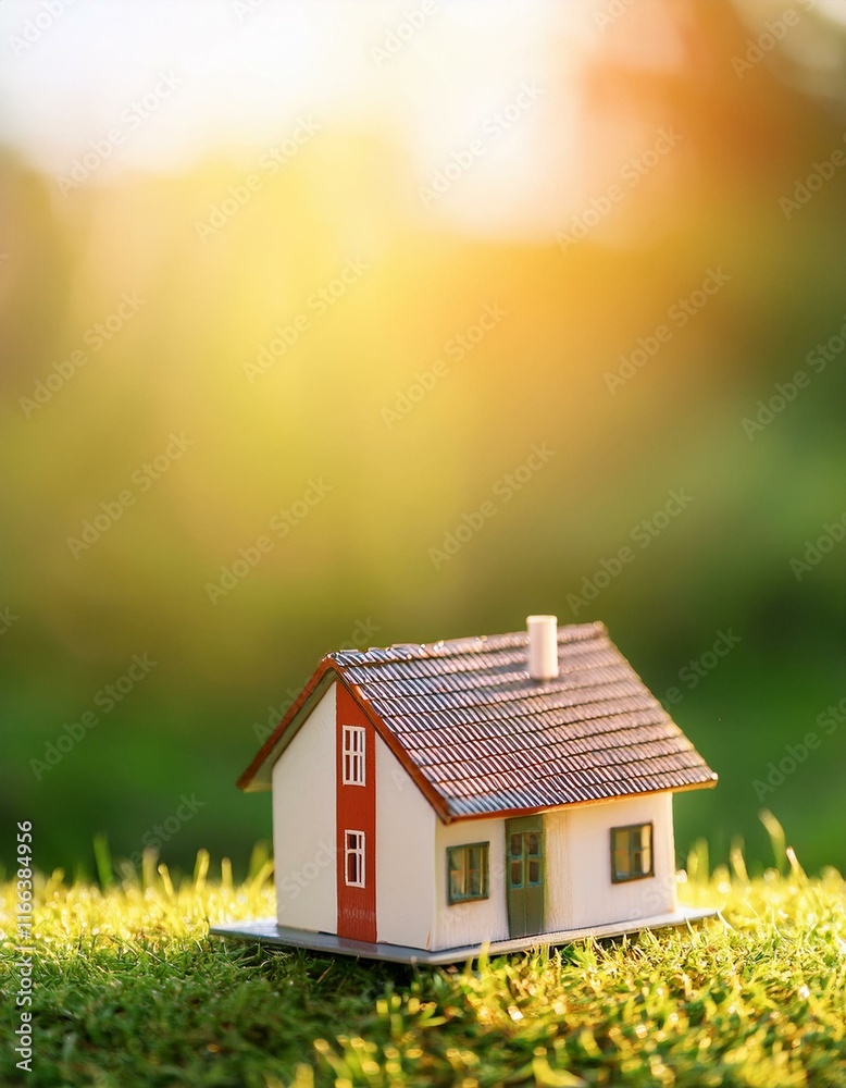 Copy space of home and life concept. Small model home on green grass with sunlight abstract background. Generated image Copy space of home and life concept. Small model home on green grass with sunlight abstract background. Generated image