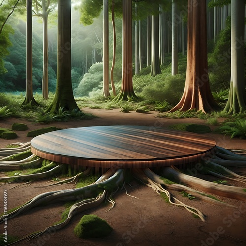 Wooden podium in the middle of a quiet and beautiful forest, showcase, product.