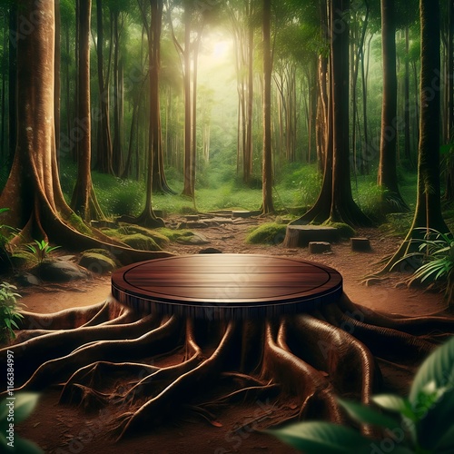 Wooden podium in the middle of a forest bright with sunlight, showcase, product.