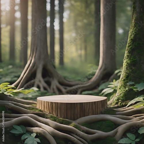 Wooden podium in the middle of a forest bright with sunlight, showcase, product.