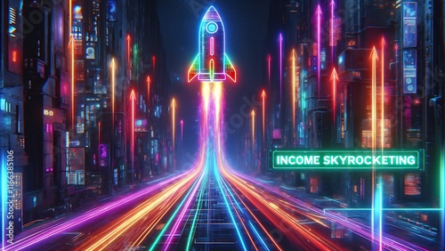 Illustration of a rocket flying high in the middle of the city, indicating the achievement of something.