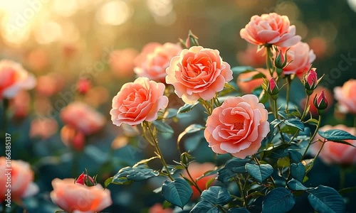 A serene garden scene featuring blooming peach roses in soft sunlight.