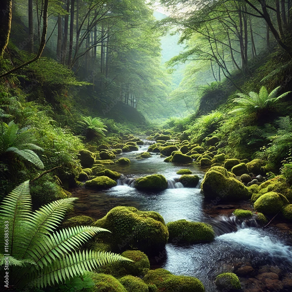Fototapeta premium A serene mountain stream with moss-covered rocks and tall ferns on the banks. Generative AI