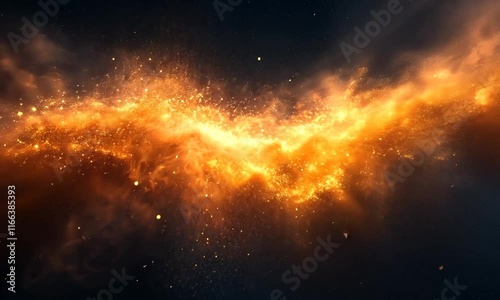 A vibrant cosmic scene depicting swirling golden particles in a dark space backdrop.