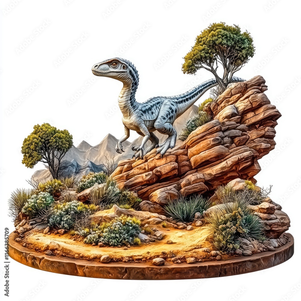 Fototapeta premium A detailed dinosaur sculpture on rocky terrain surrounded by trees and shrubs.
