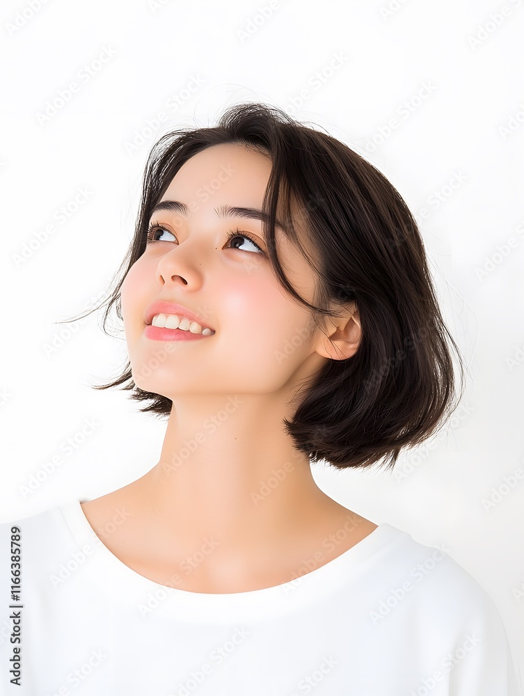 Asian female student with short hair wearing simple white clothes, Generative AI 