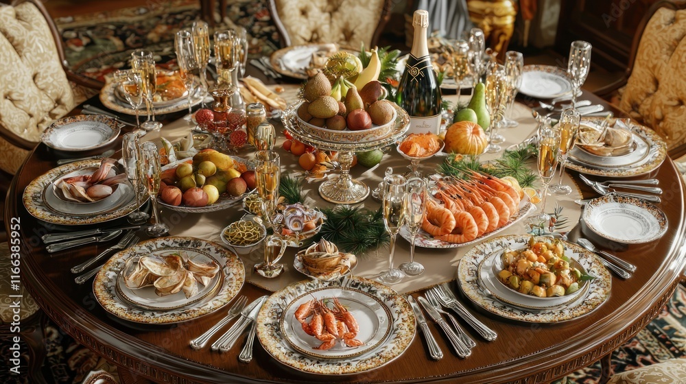 A lavish dining table set for a festive meal. A lavish dining table set for a festive meal.