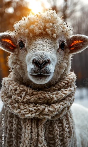 A cute sheep wearing a cozy knitted scarf in a wintery setting.