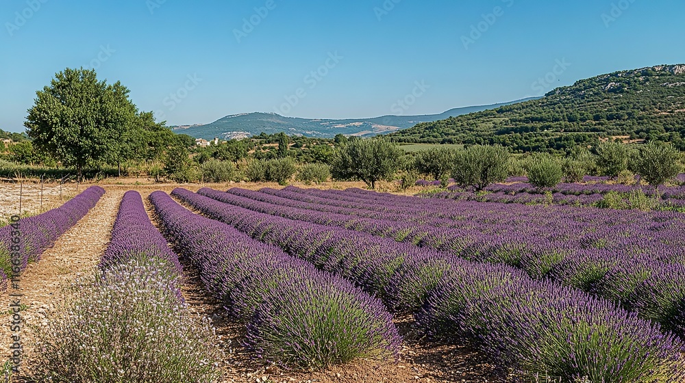 Rows of purple lavender in a field with trees and hills. Rows of purple lavender in a field with trees and hills.