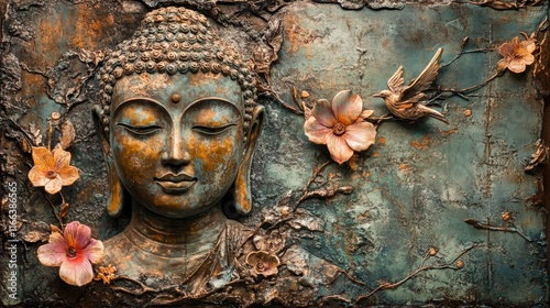 abstract, beautiful Magical, Mystical image of a buddha, painted metal, weathered, flowers, birds, beautiful auro of peaceful energy all around