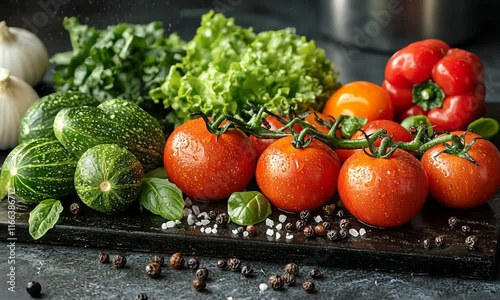 A vibrant assortment of fresh vegetables arranged on a dark surface.