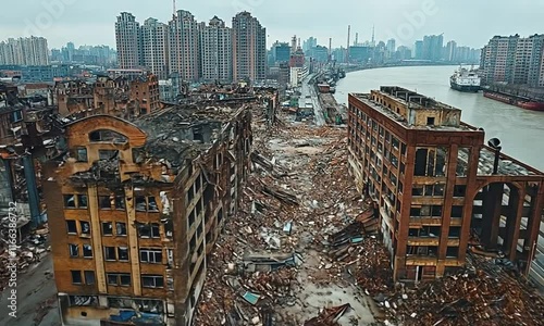 Aerial view of a devastated urban area with collapsed buildings and debris.